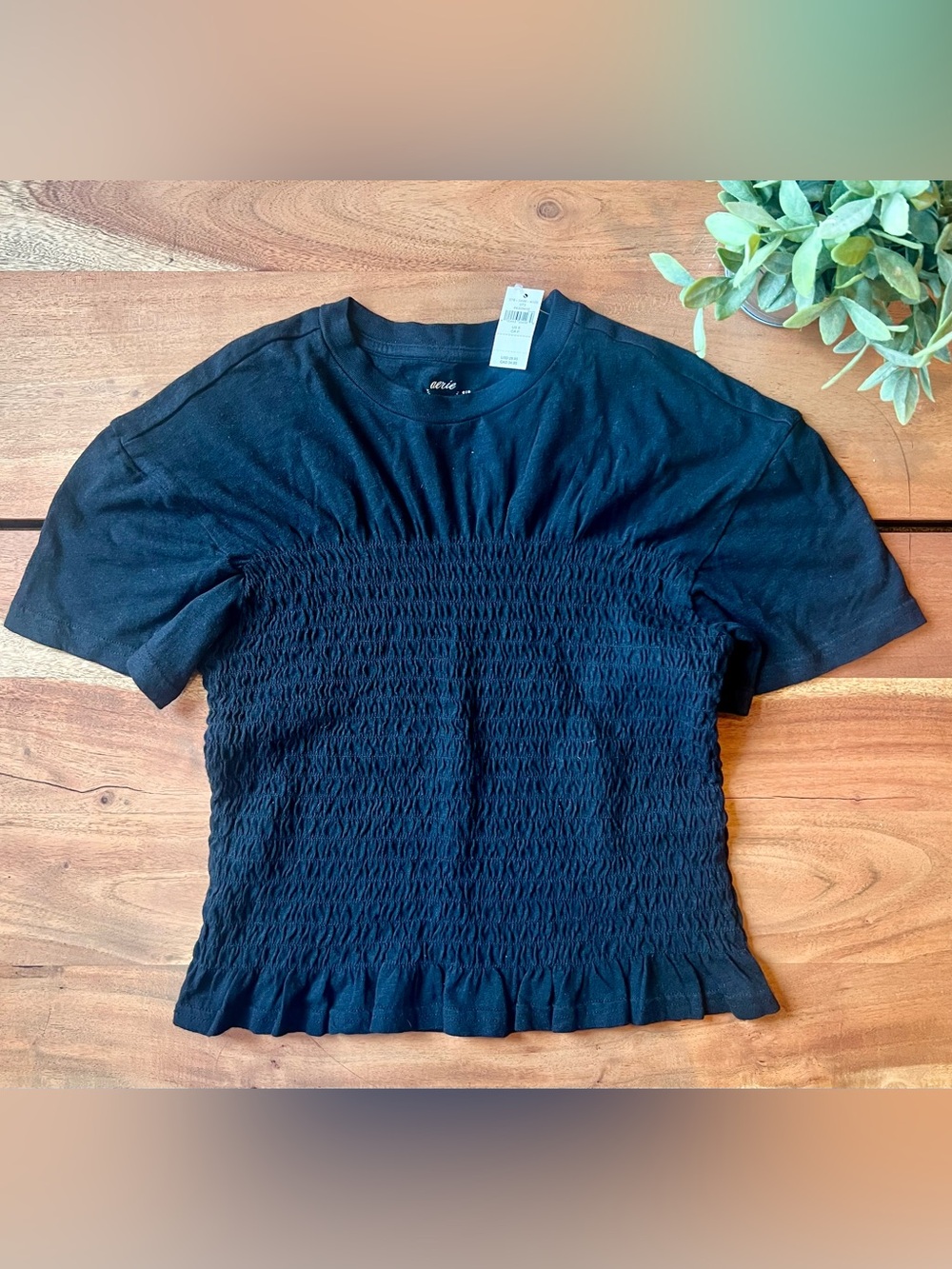 aerie Black Smocked Short Sleeve Tee with Ruffle Hem
